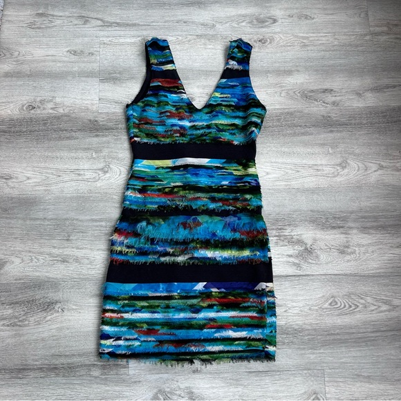 Rag & Bone Mini Dress Blue Watercolor Tiered Frayed Harley Women X Small bodycon - Picture 1 of 8